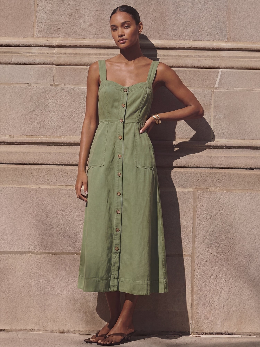 New York & Company Olive Green Button-Front Midi Dress